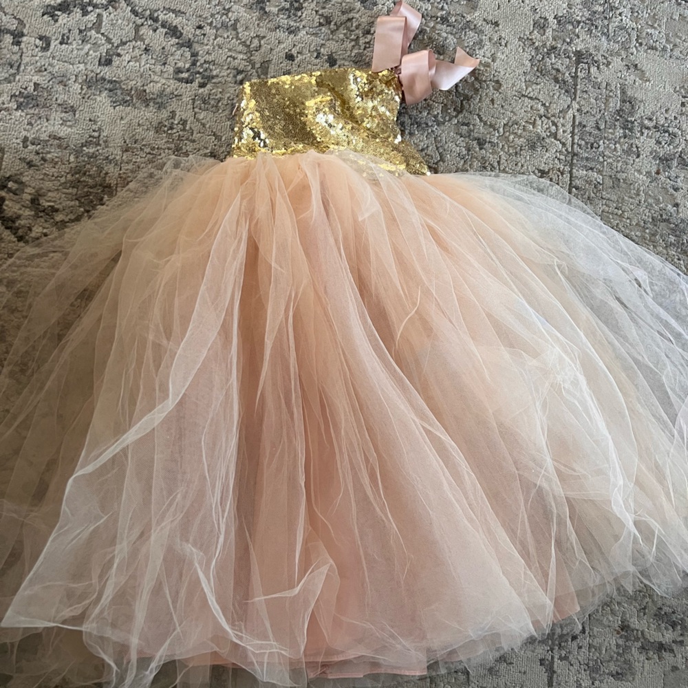 Girls sequin one shoulder dress rose gold